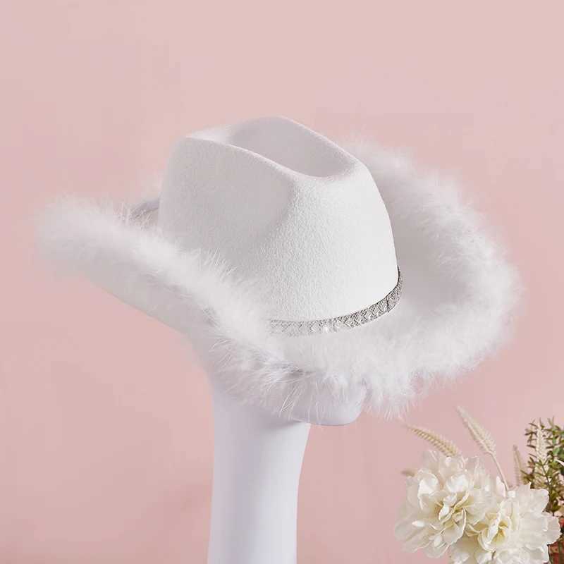 CocMouse Womens Cowboy Hat Fluffy Feather Decoration Wide Brim Flat Top Disco Cowboy Hat Western Club Party Costume Props W241225
