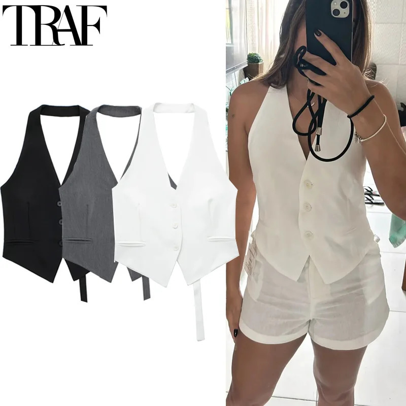 TRAF Womens Suit Vest Halter Neck Sleeveless Woman Off Shoulder Black White Short 2024 Casual Backless Formal Vests 241220