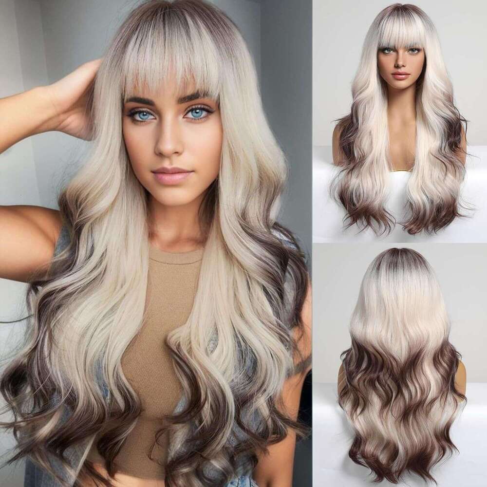Wig, Girl, Bangs, Long Curly Hair, Big Waves, High-Temperature Silk, Synthetic Head Cover Kq1 Kq1