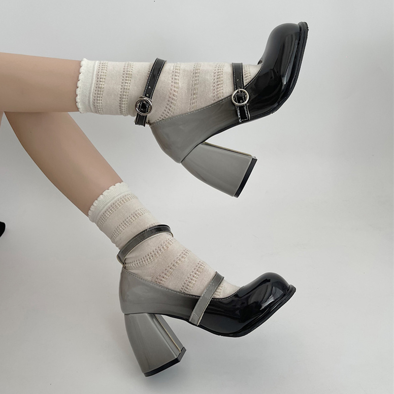 Y2k Patent Leather High Heels Pumps Women 2023 Autumn Ankle Straps Pink Lolita Woman Cute Thick Heeled Mary Janes Shoes