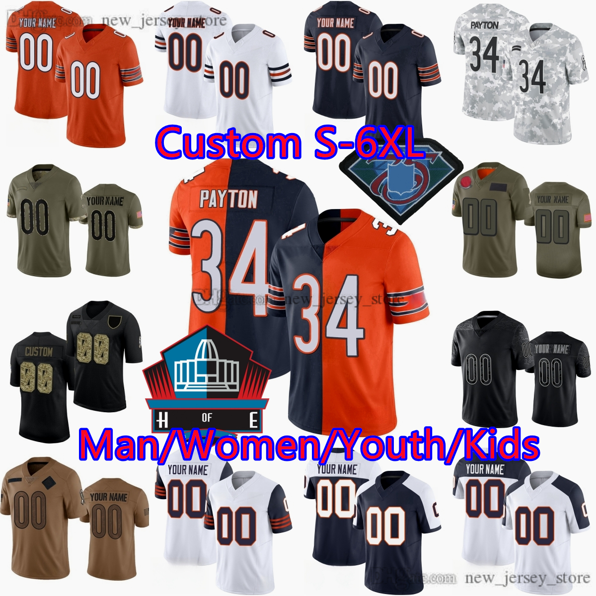DIY Custom HallofFame 34 Walter Payton Jersey S-6XL Football Rome Odunze Caleb Williams Brian Urlacher William Perry Jim McMahon Gale Sayers Richard Dent Dan Hampton
