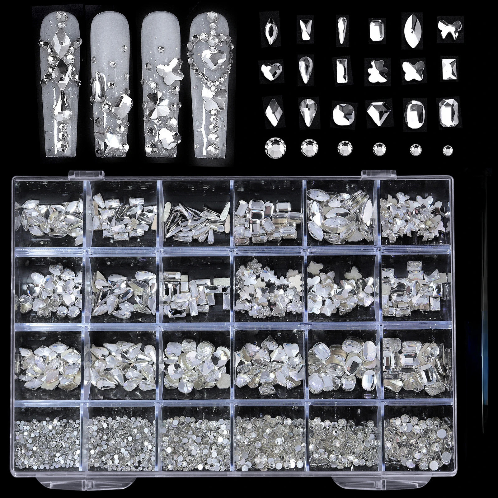 Nail Art 24 grid Rhinestone jewelry set Nail ab Flat Bottom Diamond Nail Shape Diamond Magic Color Flat glass Crystal shaped nai 241226