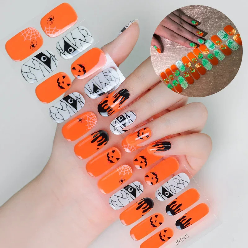 Ghost Gel Nail Stickers Halloween Pumpkin Gothic Flame Spider Web Skull Bones Semi Cure Nail Wraps UV Lamp Need 241225