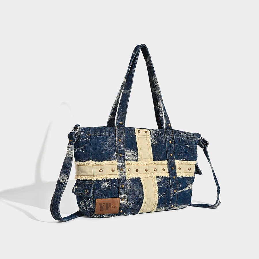 large capacity washed denim bag, fashionable trend tote bag, underarm bag, single shoulder diagonal cross bag 241215