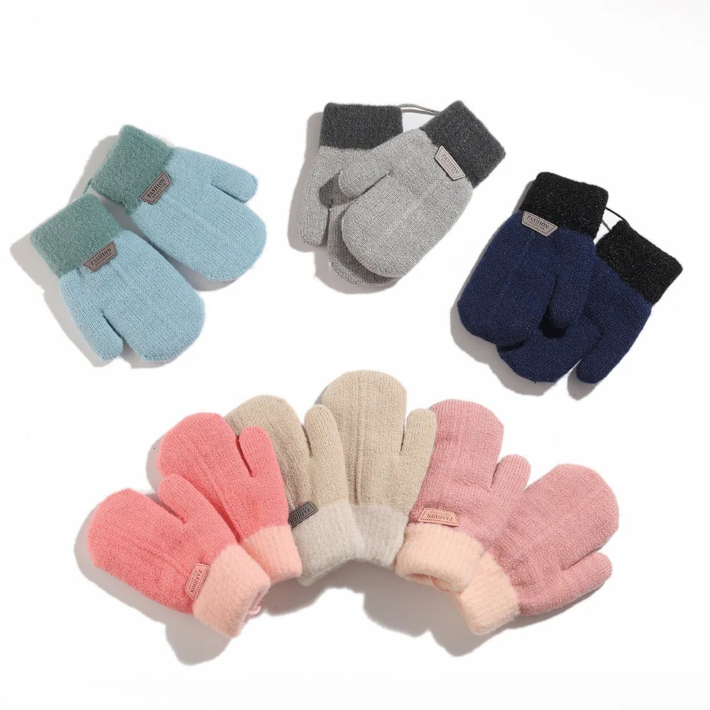 Winter Wool Baby Gloves Plush Lining Knit Kids Mittens Halter Warm Hands Children Fingerless Girls Boys Accessories 16Y 241225