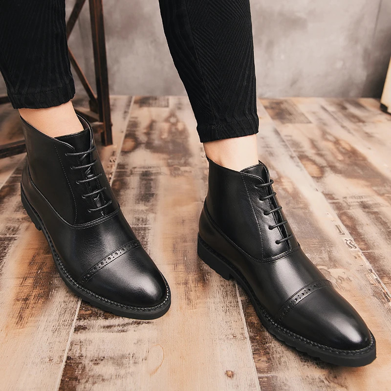 Leather Casual Shoes High Top Mens Martin Boots England Style Solid Boots Oxfords Lace Up Outdoor Mens Ankle Boots Shoes IV 241226