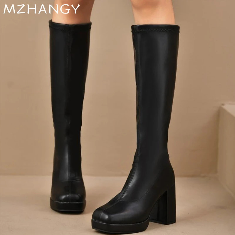Women Square Toe Leather High Boots Knee High Heels Shoes Woman 2025 Trend Elegant Winter Pumps Motorcycle Boots Mujer 241226