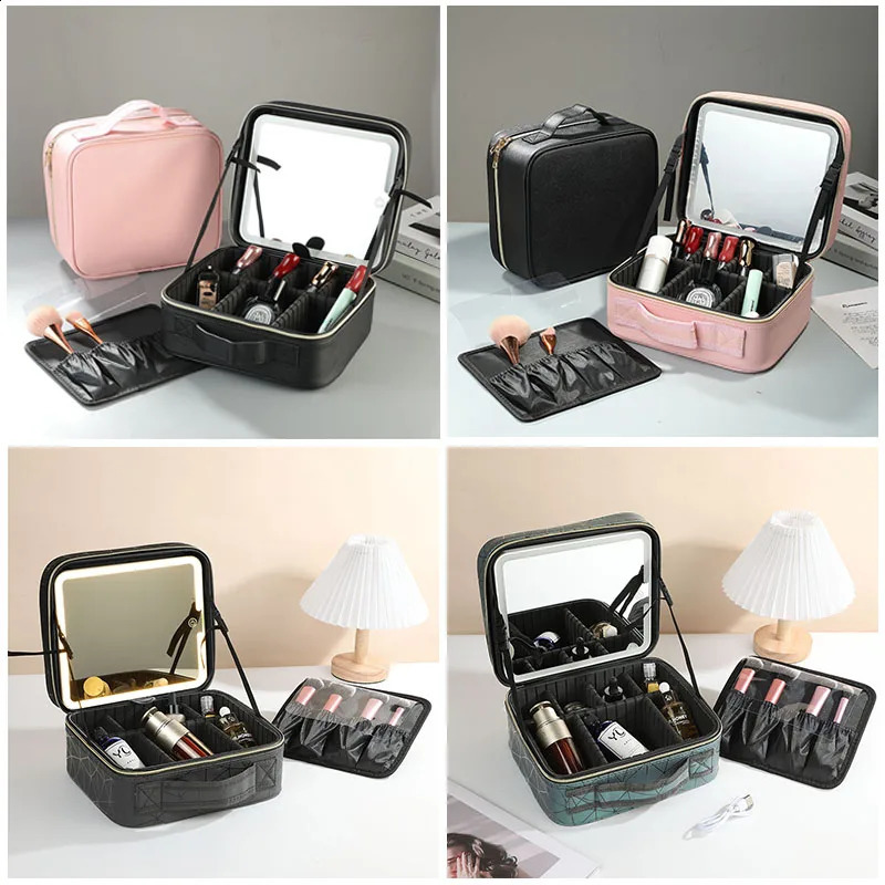 Travel Makeup Bag With Mirror LED Lighted Adjustable Dividers Cosmetic Case Portable Artist Beauty Nail Tool Makeup Case Female 241226