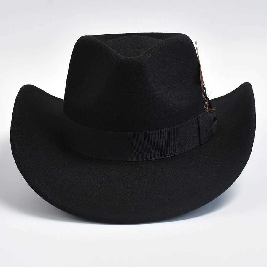 Mens Wool Blended Feather Hat Curled Brim Mens Cowboy Hat W241225