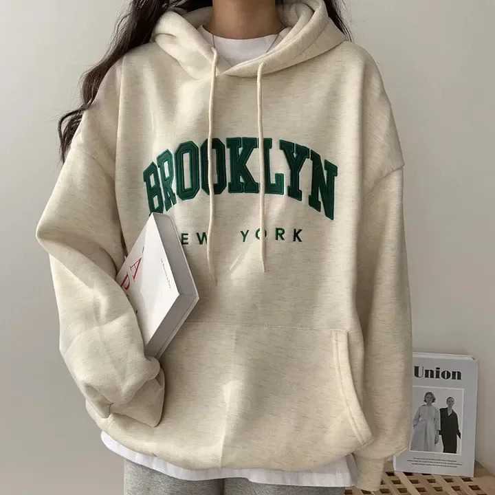American Style Embroidery Letter Hooded Sweatshirt Womens Loose Fit Thickened Fleece Lined Crossborder Clothing 241223