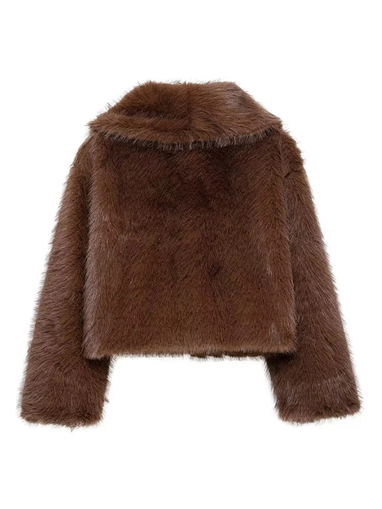 Vintage Brown Fluffy Faux Fur Short Coat Loose Lapel Buckle Jacket 2024 Winter Lady High Street Warm Thick Outwear 241223