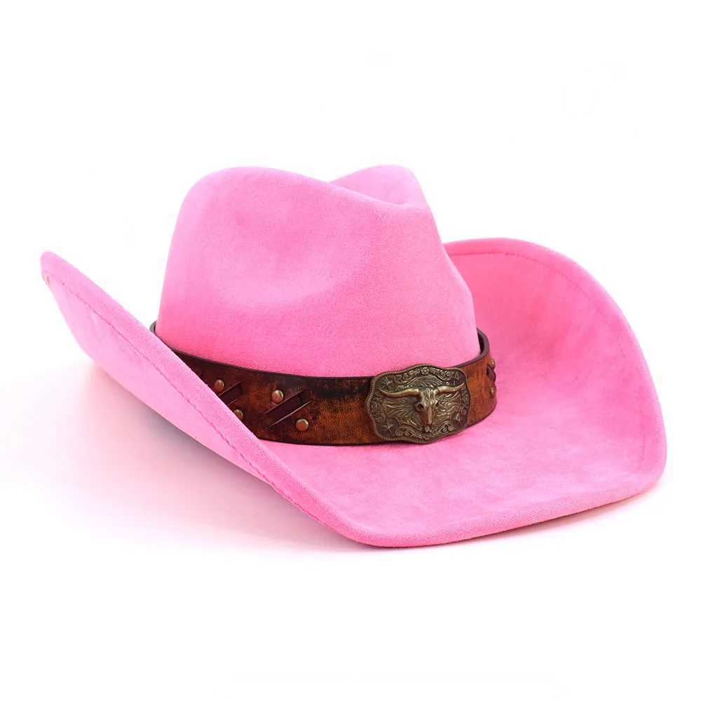 Western Big Brim Cowboy Hat Cow Head Belt Suede Top Hat Outdoor Mens Hat Womens Party Horse Riding Cowboy Hat W241225