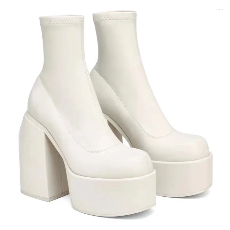 Boots Women Fashion Short Sexy Leather Boot Square Toe Casual Zipper High Heels Thick Soled Shoes Zapatos