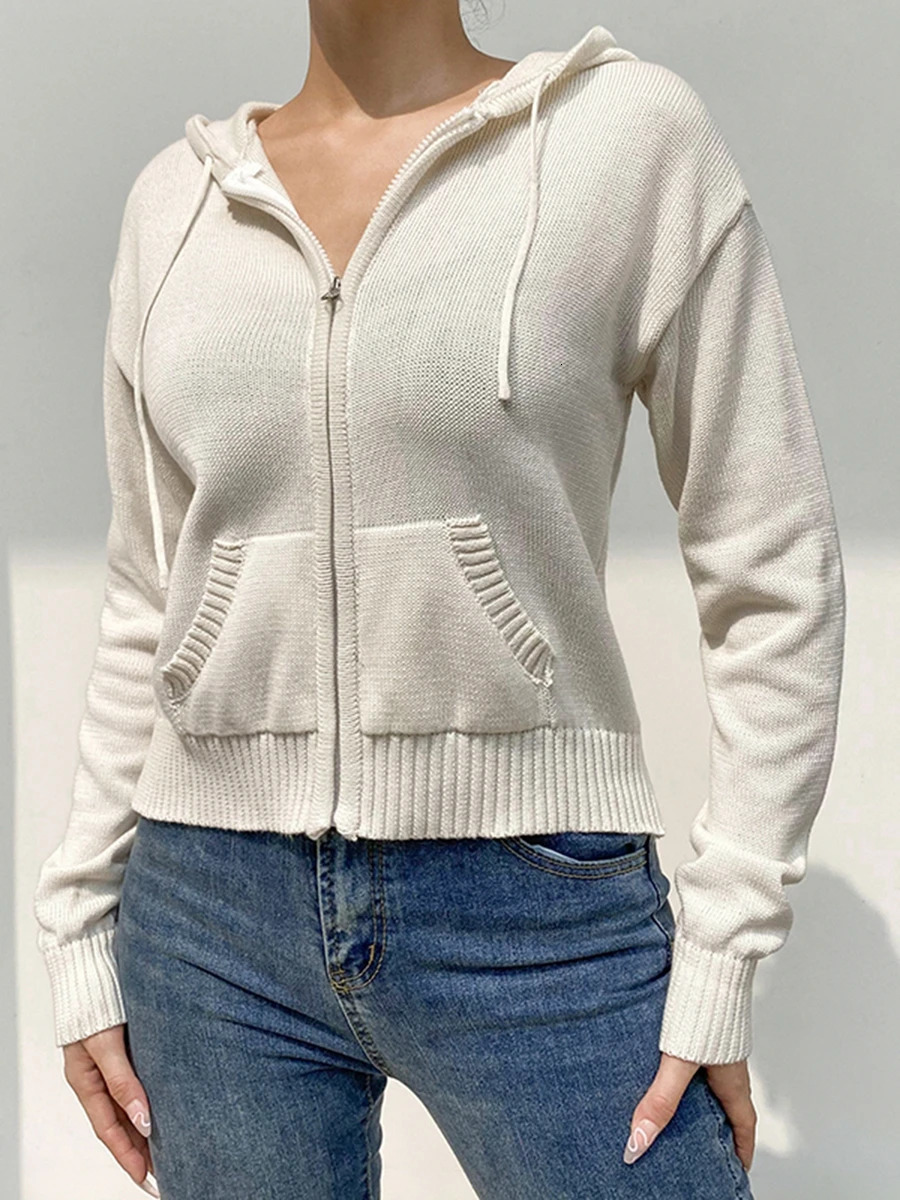 Womens Vintage Knitted Zip Up Cropped Hoodie y2k Oversized Long Sleeve Drawstring Sweatshirt Solid Color Cardigan Streetwear 241223