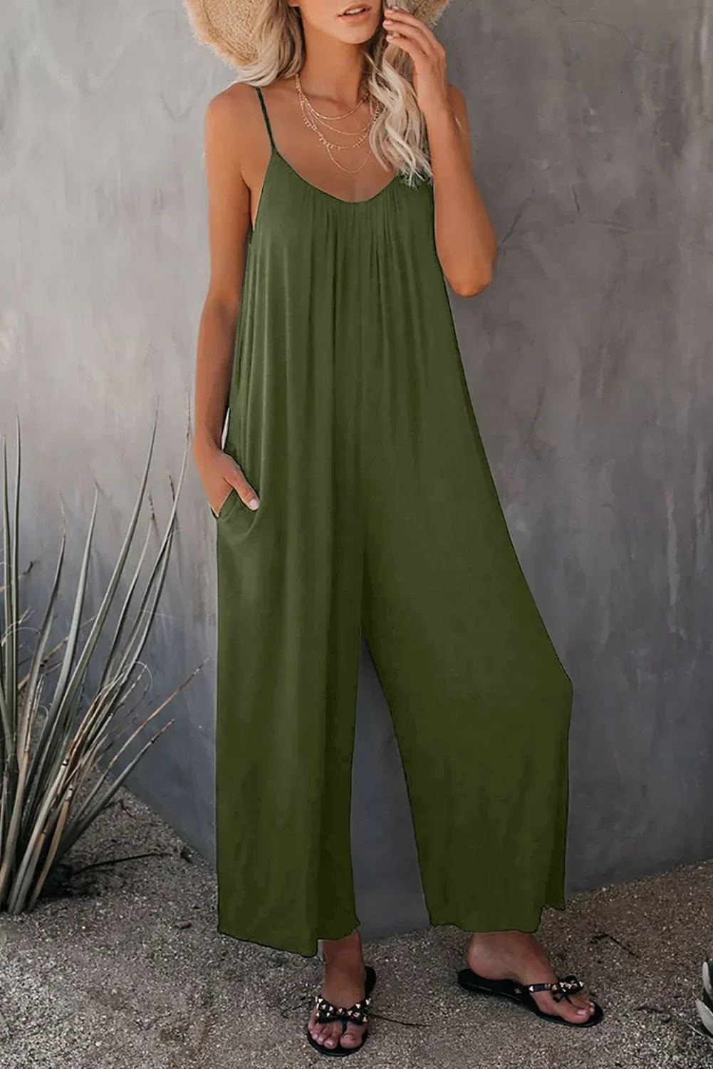 Boho Chic Ruched Jumpsuit with Adjustable Spaghetti Straps Flowy Wide Leg Sleeveless n Perfect Casual Summer Wear for Women 241224