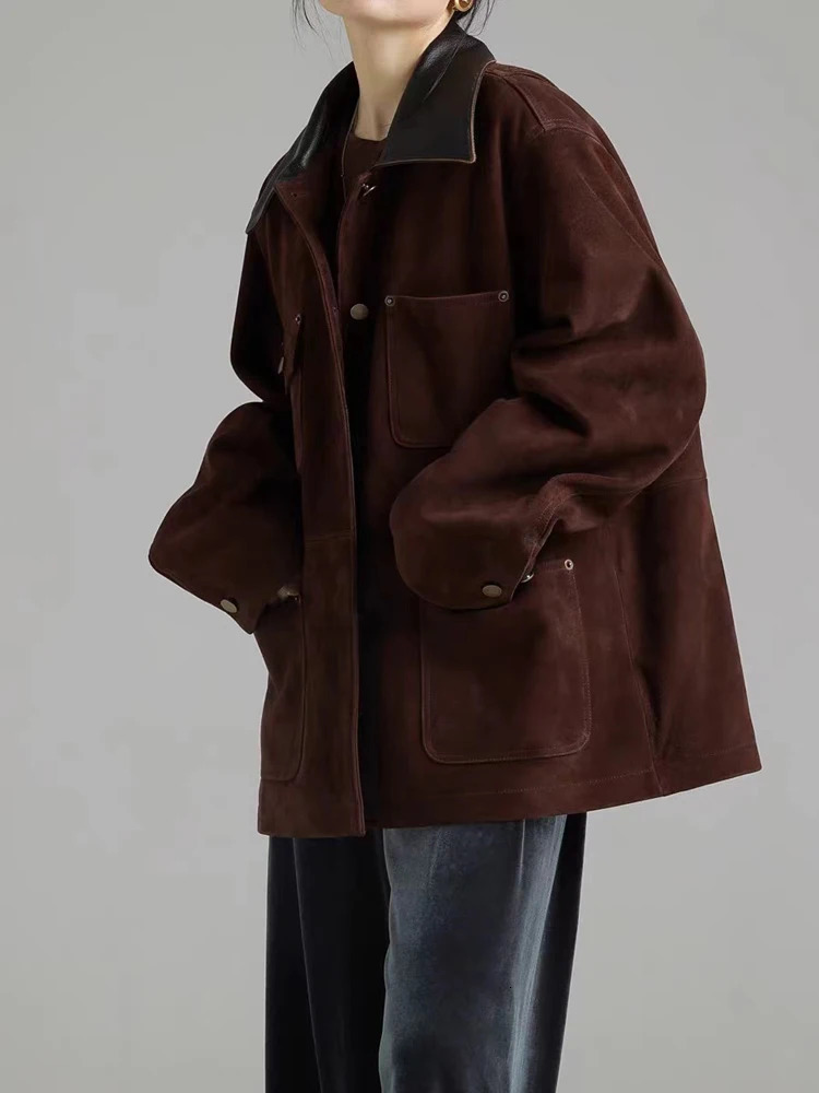 Retro Imported Mixed Sheep Suede Leather Jackets for Women Trendy Soft Kid Medium Long Outwears Female Trench Coat 241227