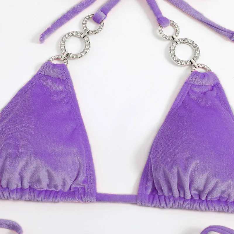 Purple velvet swimsuit sexy suspender triangle bikini set strapless mini thong swimsuit womens Biquini bikini swimsuit setW241225
