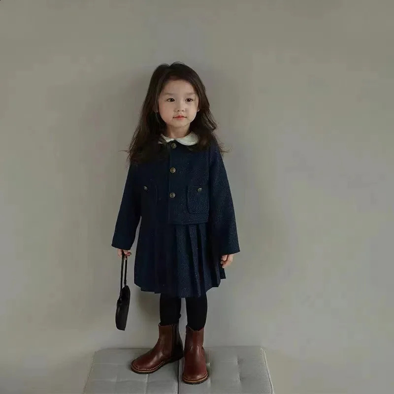Autumn Winter Little Girl 2PCS Clothes Set Solid Woolen Outerwear Coat Outfits Turn Down Collar Pleated Sundress Baby Suits 241225