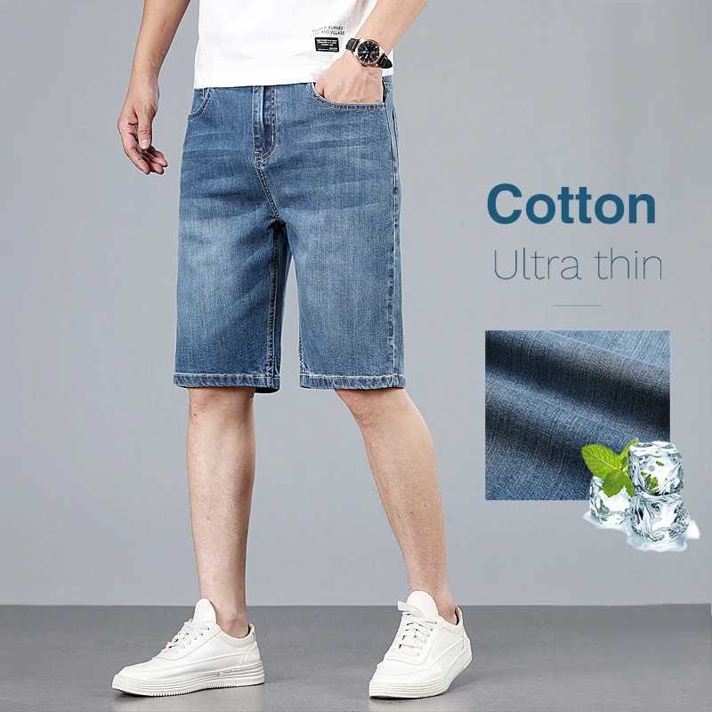 Cotton mens casual denim shorts summer new retro elastic suitable for straight elastic knee length jeans brand clothing W241226