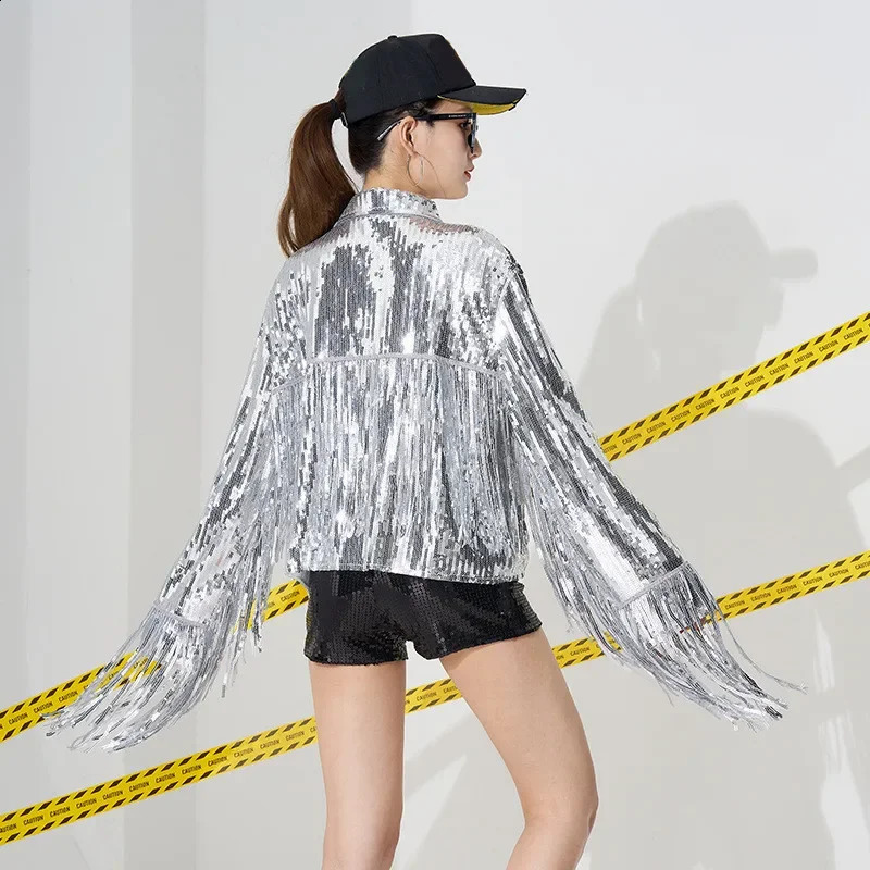 Sequined Tassel Cardigan Short Jacket Women Nightclub Bar Outerwear Stage Costume Ladies Coat Performance Jackets Woman Clothes 241223