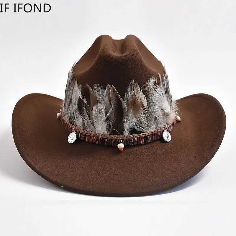New retro feather decoration Western mens denim hat fashionable wide brown church jazz hat Sombrero Hombre Cs W241225