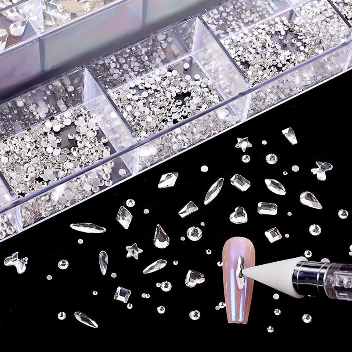 21 grid rhinestone box mixed nail diamond Flat glass shaped diamond DIY nail rhinestone nail jewelry set 241226