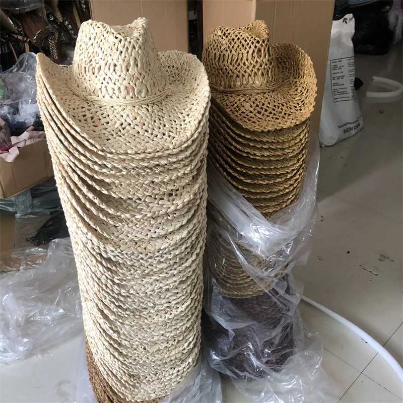 2024 Str Hat Corn Peel Material Western Cowboy Hat Spring/Summer Panama Sun Hat Elegant Cowboy Jazz Hat Sombrero Hombrero W241225