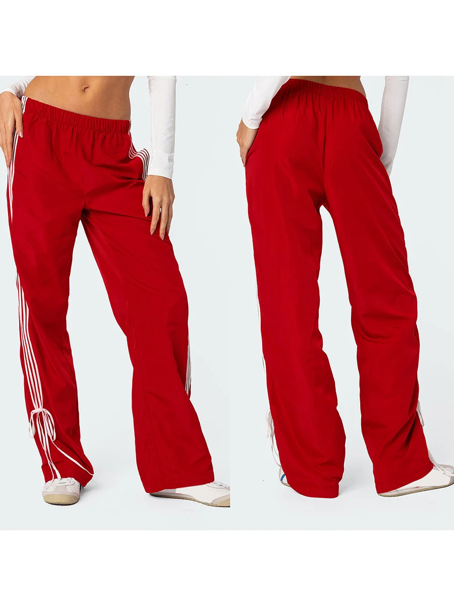 Women Side Striped Sweatpants Elastic Waist Bow Trim Wide Leg Track Pants Y2k Baggy Straight Trousers 241225