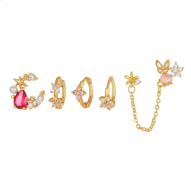 Exquisite Gold Color Flower Stud Chain Earrings Set for Women Cute Zircon Piercing Hoop Earring Fashion Korean Jewelry Wholesale 241226