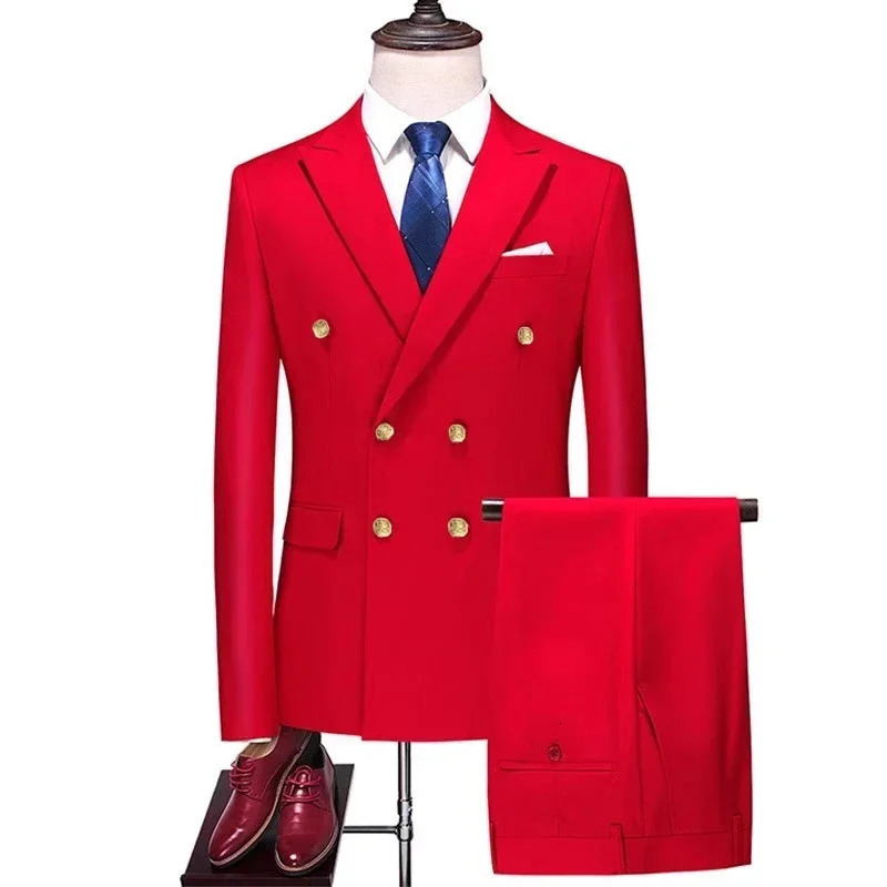 2024 Fashion Mens Business Double Breasted Solid Color Suit Coat Male Slim Wedding 2 Pieces Blazers Jacket Pants Trousers y241220