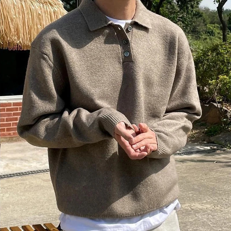 Casual Solid Color Knitted Polo Shirts Mens Spring Stylish Buttoned Polo Collar Sweaters Men Vintage Knitting Jumper Tops 241224