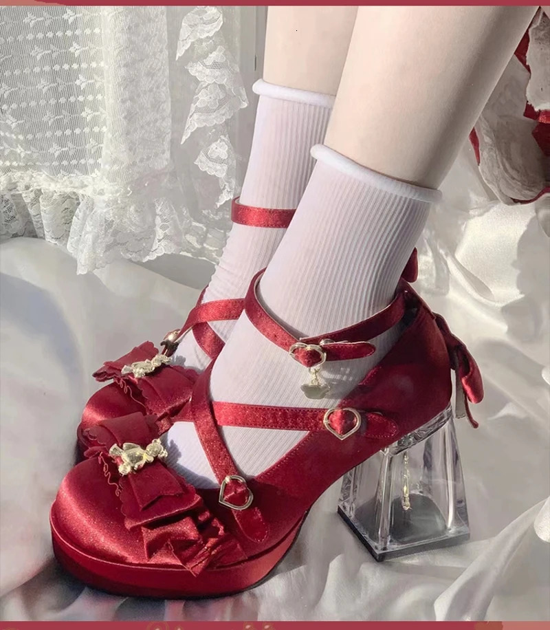Girls sweet round red bow Platform lolita Shoes for girls High Heel LoliShoes 241225