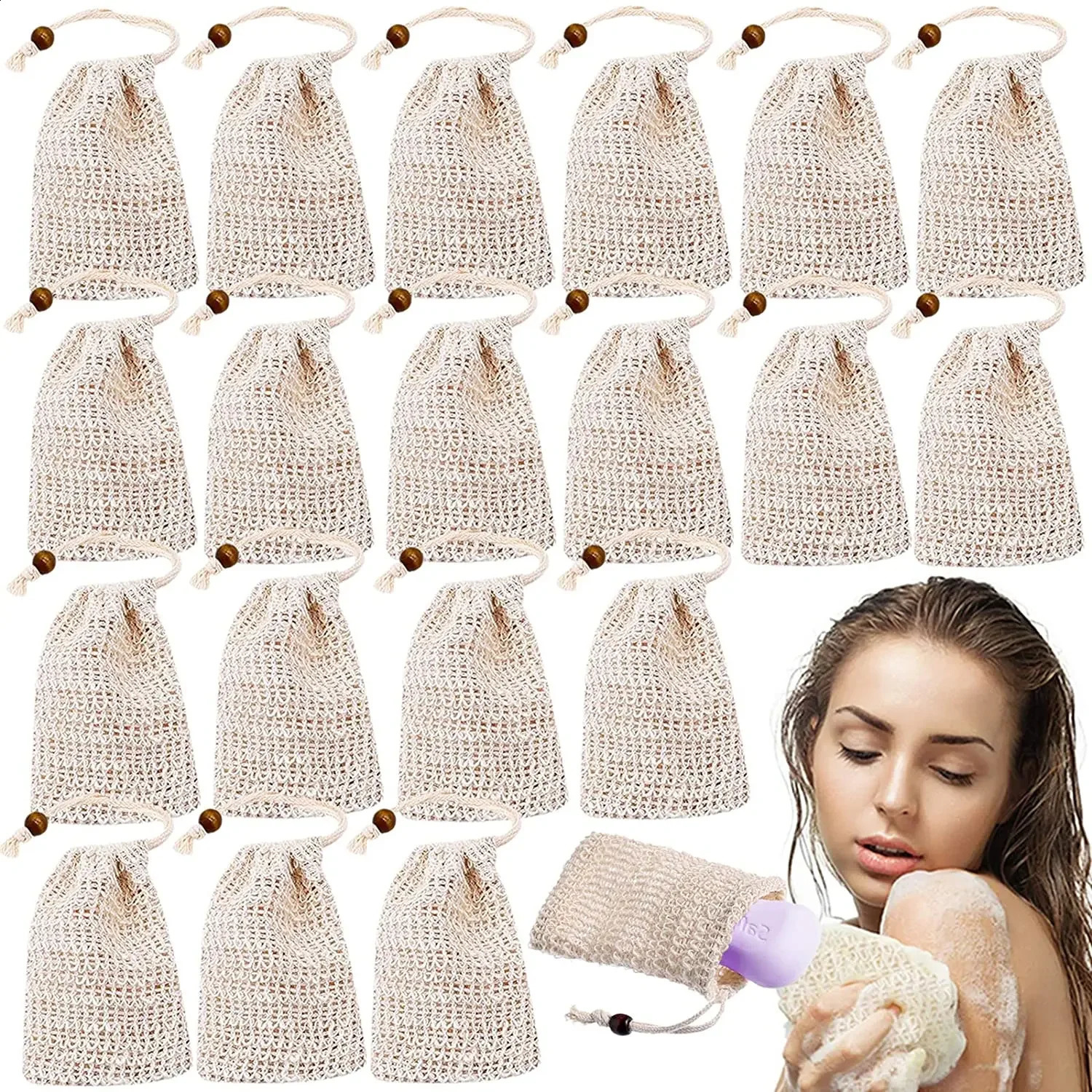 10-30 pcs Handmade Soap Saver bag Exfoliating BagsNatural Sisal Soap SaverMesh Soaps Bag with Drawstring for Bath Shower Use 241226