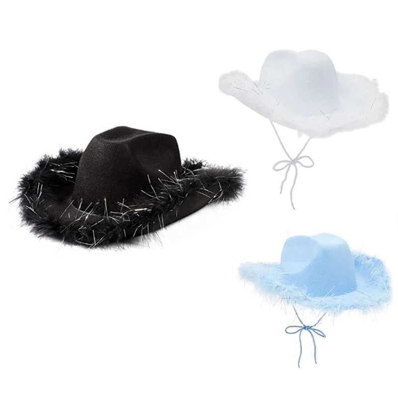 Western style denim hat solid color black and white womens bird hand party Cs decorated with feather sequins denim hat W241225