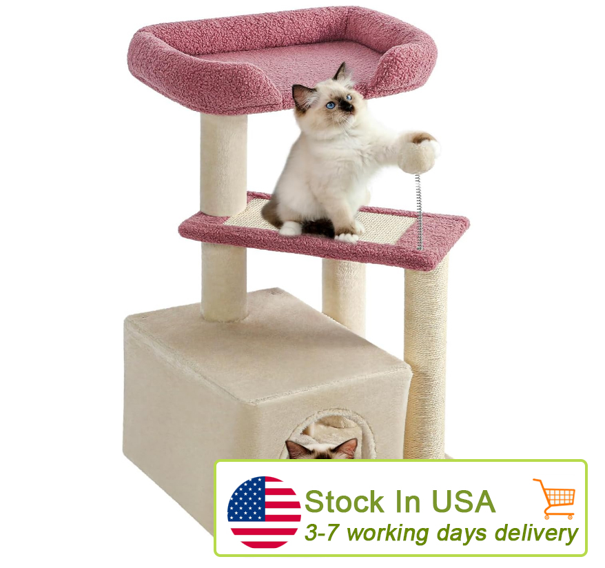 Made4Pets Cat Tree, Cat Tower Indoors Cute Wood Kitty Condo with Scratching Post Pad, 29" Multi-Level Modern Activity Climbing Furniture, Pink, 3