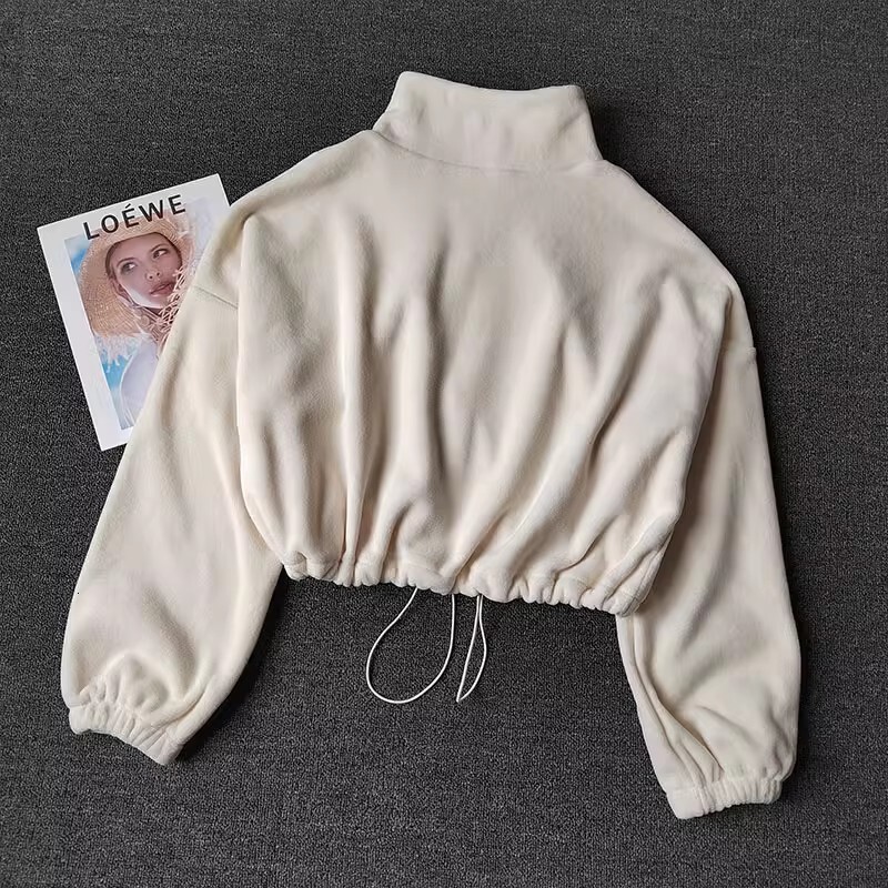 Women's Fleece-Ed Warm Casual Loose Running Crop Top Long Sleeve Fiess Sports Coat Yoga Sweatshirt