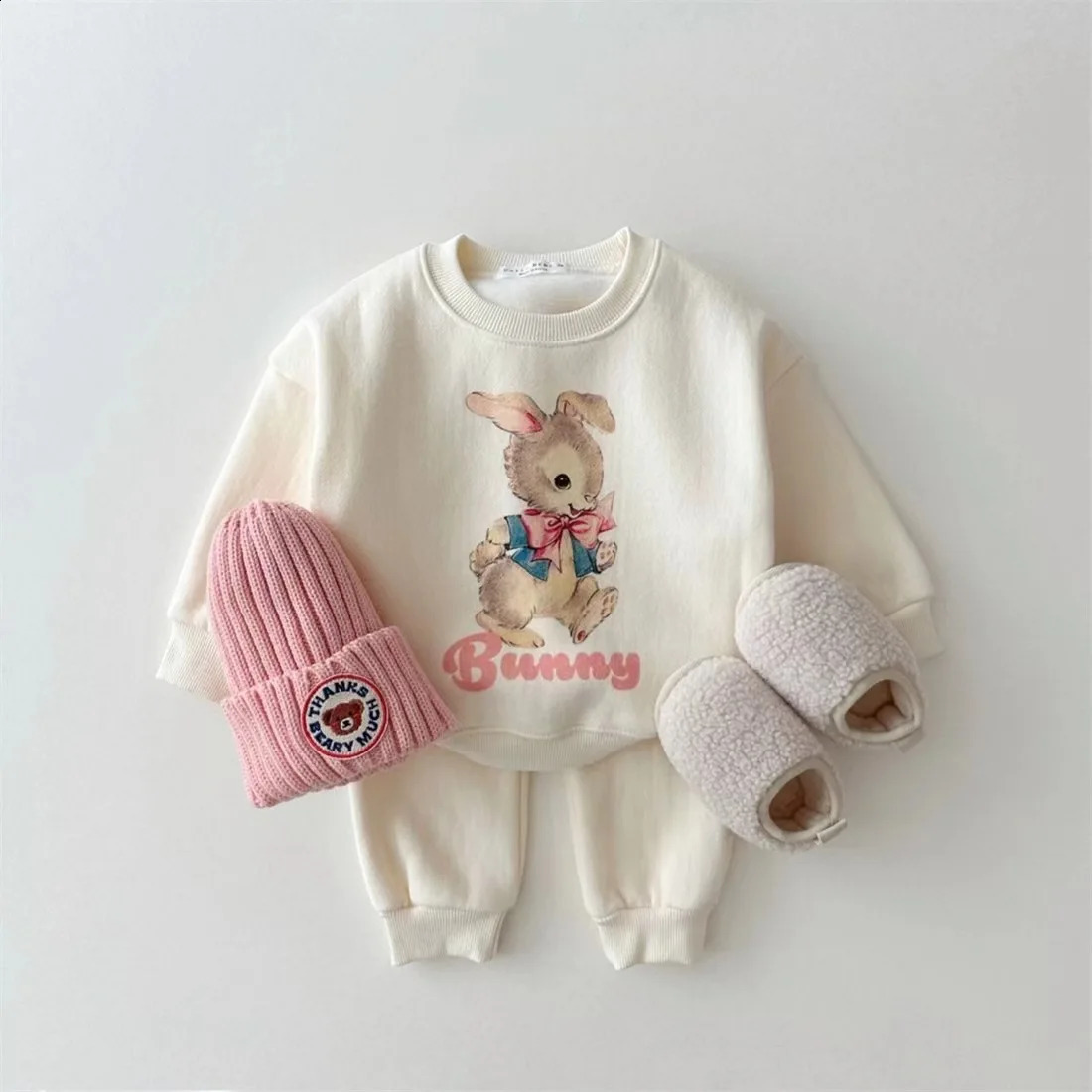 Korean version of autumn and winter boys girls cotton cute cartoon rabbit deer plush sweatshirt casual sports set 241225