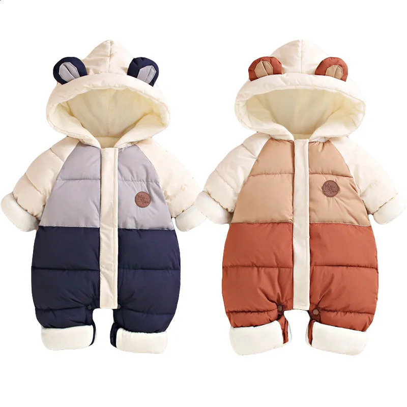 Baby Padded Warm Rompers Winter Boys Girls Thick Plus Velvet Jumpsuits Windproof Hooded Overalls Snowsuit One Piece Bodysuit 241225