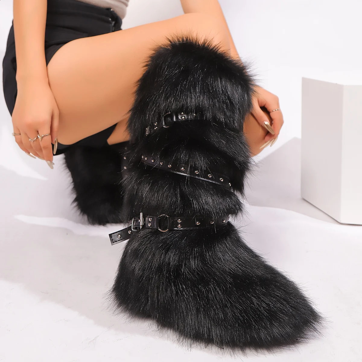 Winter Fur Onepiece Raccoon FurFemale Snow Boots Fur shoes OutdoorMid Leg Boots y2k Cool Pink Girl241226