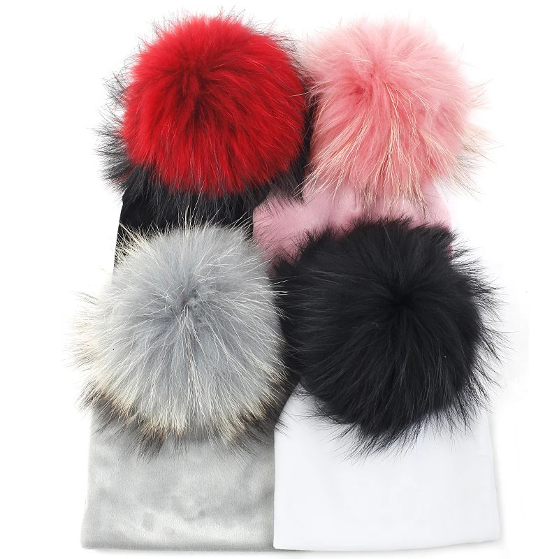 Cute Big Real Fur Pompom Baby Girls Boys Beanies Infant born Winter Warm Hats Unisex For 03 Month Caps 241225
