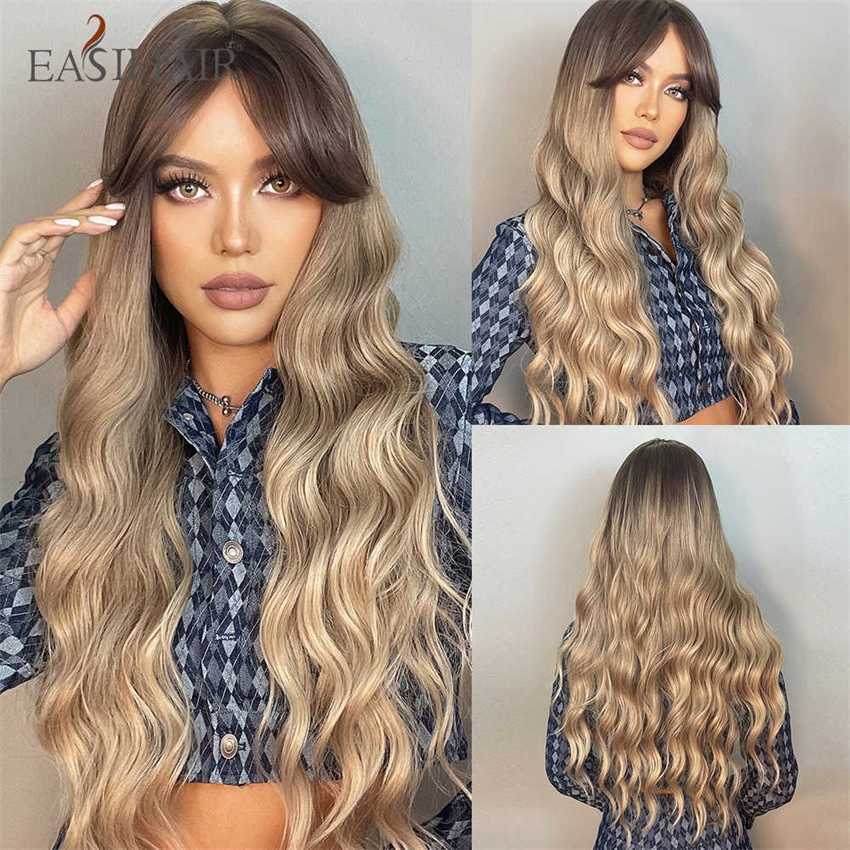 Synthetic Wigs Easihair Long Water Wave Dark Brown Synthetic Wigs for Women Cosplay with Bangs Heat Resistant Pink Black Hair Natural 230227 Hair Wigs