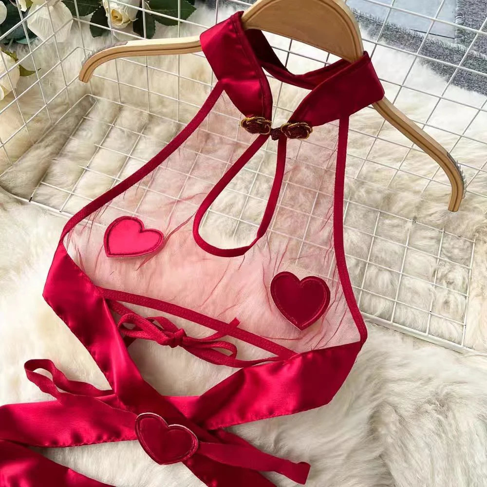Sexy Hollow Out Pajamas Women Cosplay Servant Tie Backless Neck Hang Set Patchwork Heart-Shaped Red See-through Sweet Dress 241226