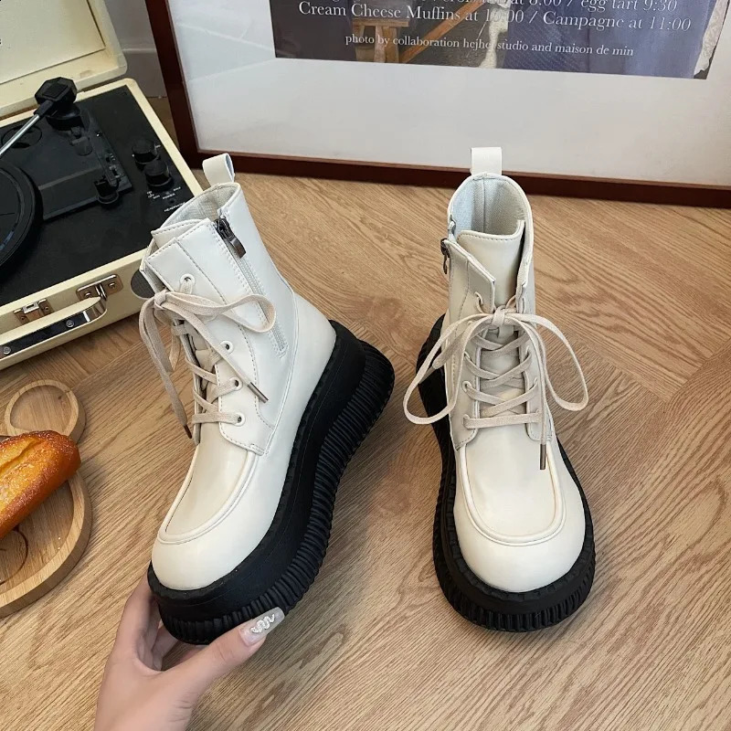 Shoes Female Ankle Womens Boots Winter Modern Boots Women Sewing Side Zip Round Toe Lace-up Platform Flat with Shoes Women 241226