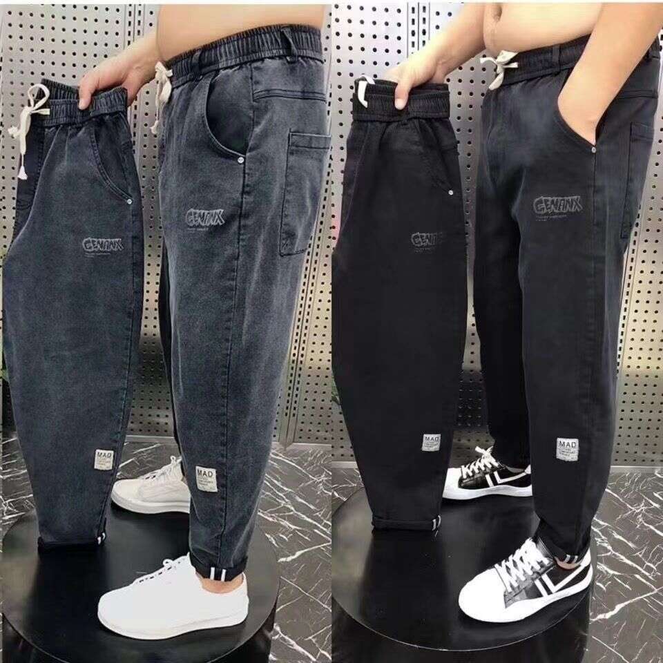Haruku Stretch Korea Streetwear Loose Solid Denim Jeans Elastic Waist for Men Spring Summer New plus size 7XL 8XL Casual Pants