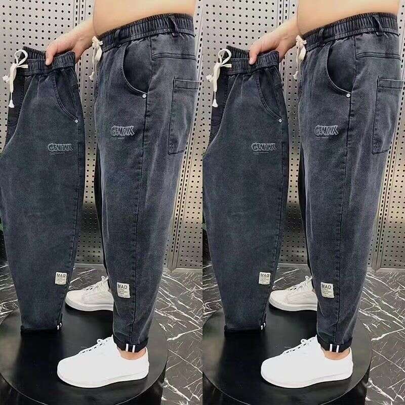 Haruku Stretch Korea Streetwear Loose Solid Denim Jeans Elastic Waist for Men Spring Summer New plus size 7XL 8XL Casual Pants