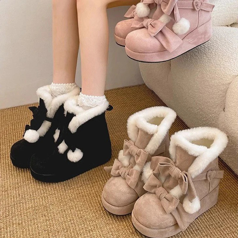 Lovely Girls Lolita Winter Ankle Snow BootsPlush Warm Hairball Bowknots Wedge Heel Heightening Platform Shoes241226
