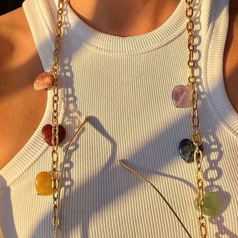 High Quality Stainless Steel Sunglasses Strap est Natural Heart Stone Embellished Glasses Holder Face Cover Chain 241226