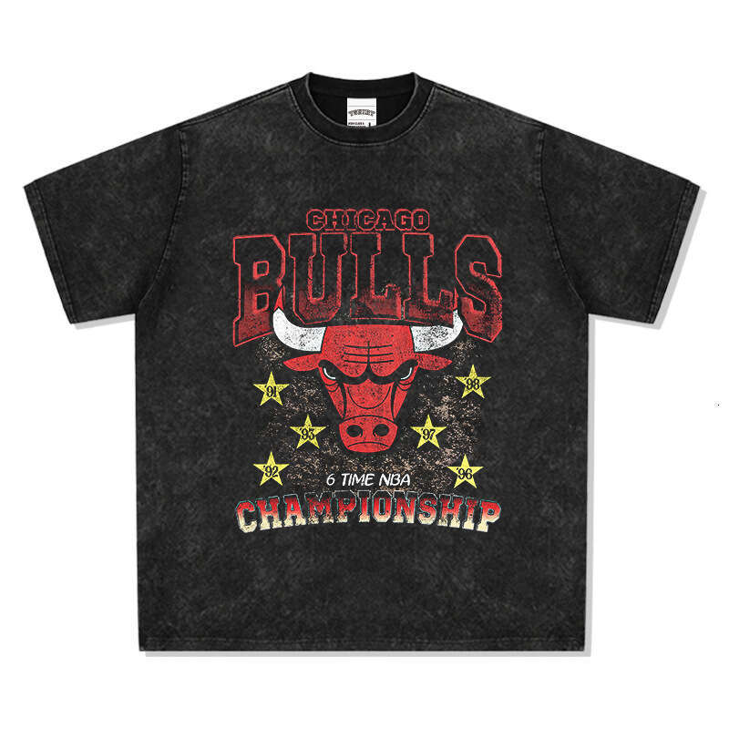 American Bull BULLS printed washed and worn short sleeved men's T-shirt made of pure cotton round neck hooded sweatshirt