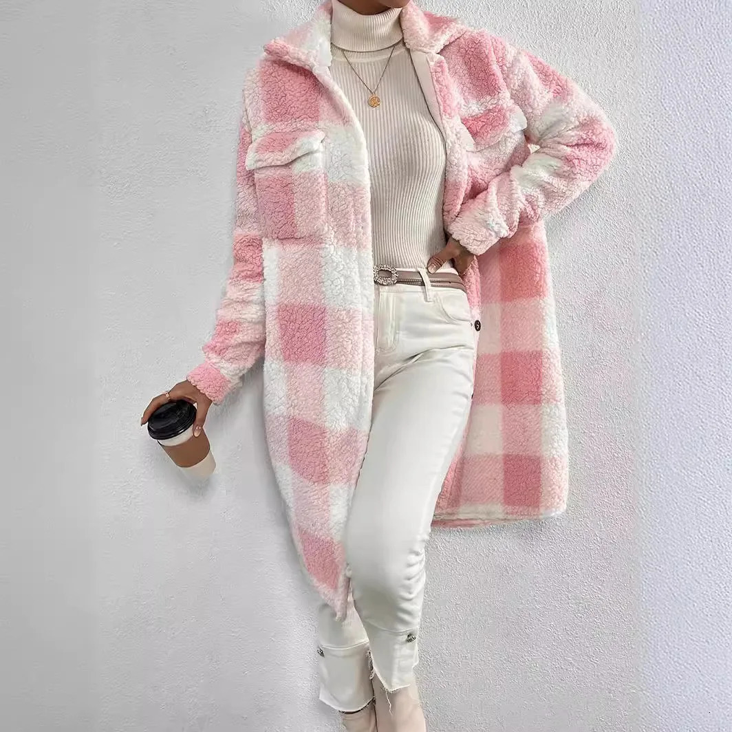 Women Long Plaid Fleece Sweatshirt Coat Autumn Winter Turn Down Collar Sleeve Pocket Button Loose Flurry XLong Trench 241223