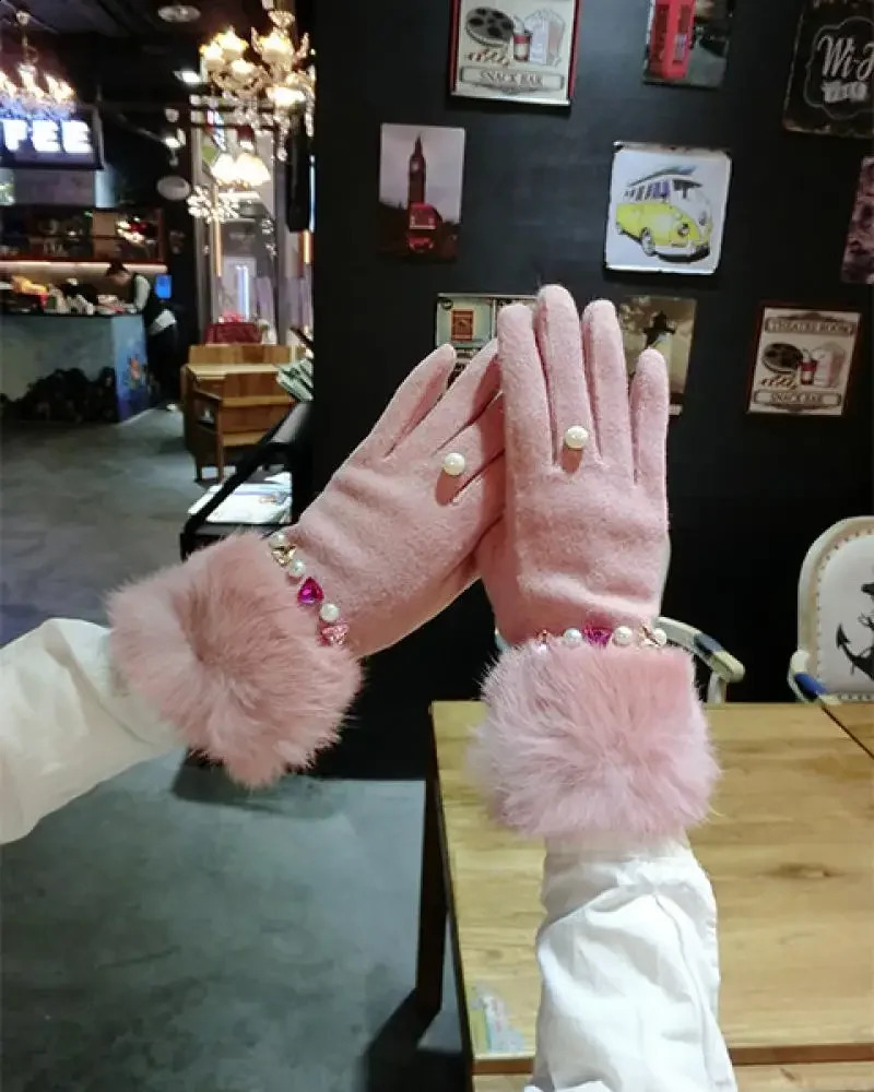 Colorful Rhinestone Flash Diamond Woolen Cashmere Gloves Korean Fashion Five-Finger Warm Touch Screen Gloves Women 241226